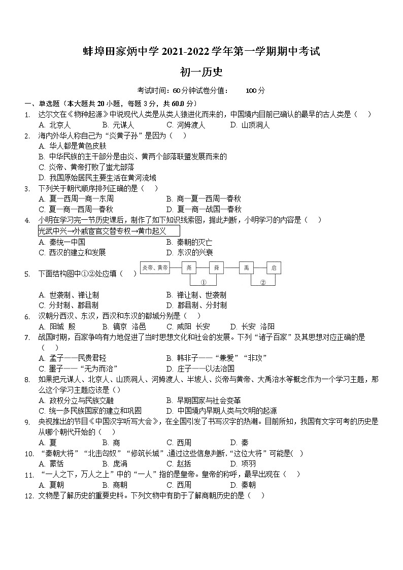 安徽省蚌埠田家炳中学2021-2022学年七年级上学期期中考试历史【试卷+答案】01