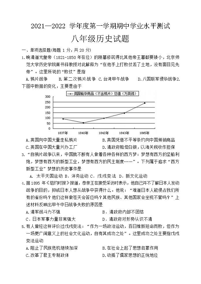 山东省菏泽市巨野县麒麟镇第一中学2020-2021学年八年级上学期期中考试历史【试卷+答案】01