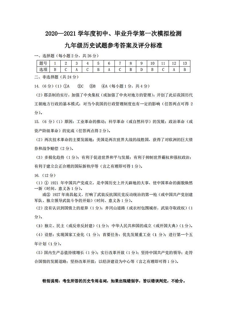 2021年江苏省徐州市中考一模历史试卷（word含答案）01
