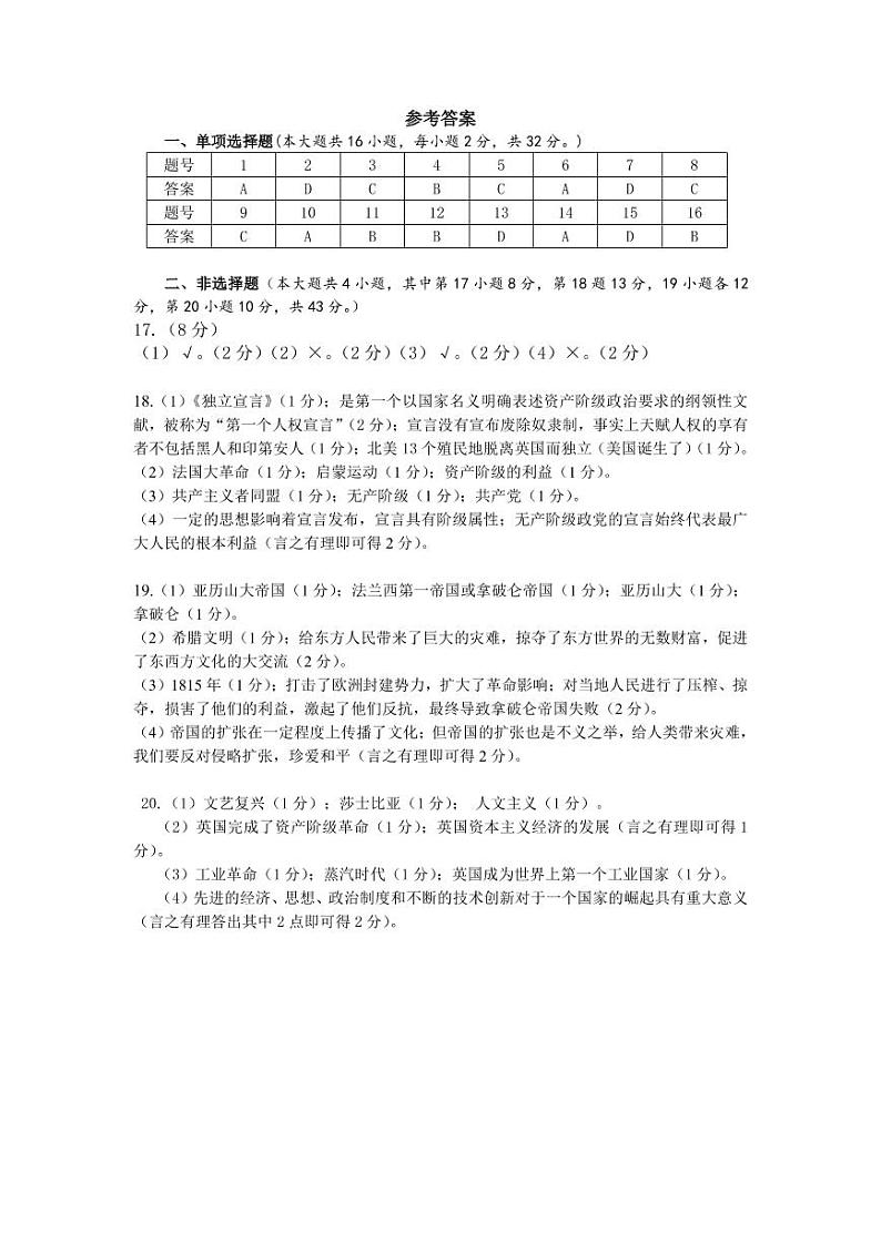 新疆乌鲁木齐市2020届九年级上学期期末考试（一模）历史试题（PDF版）01