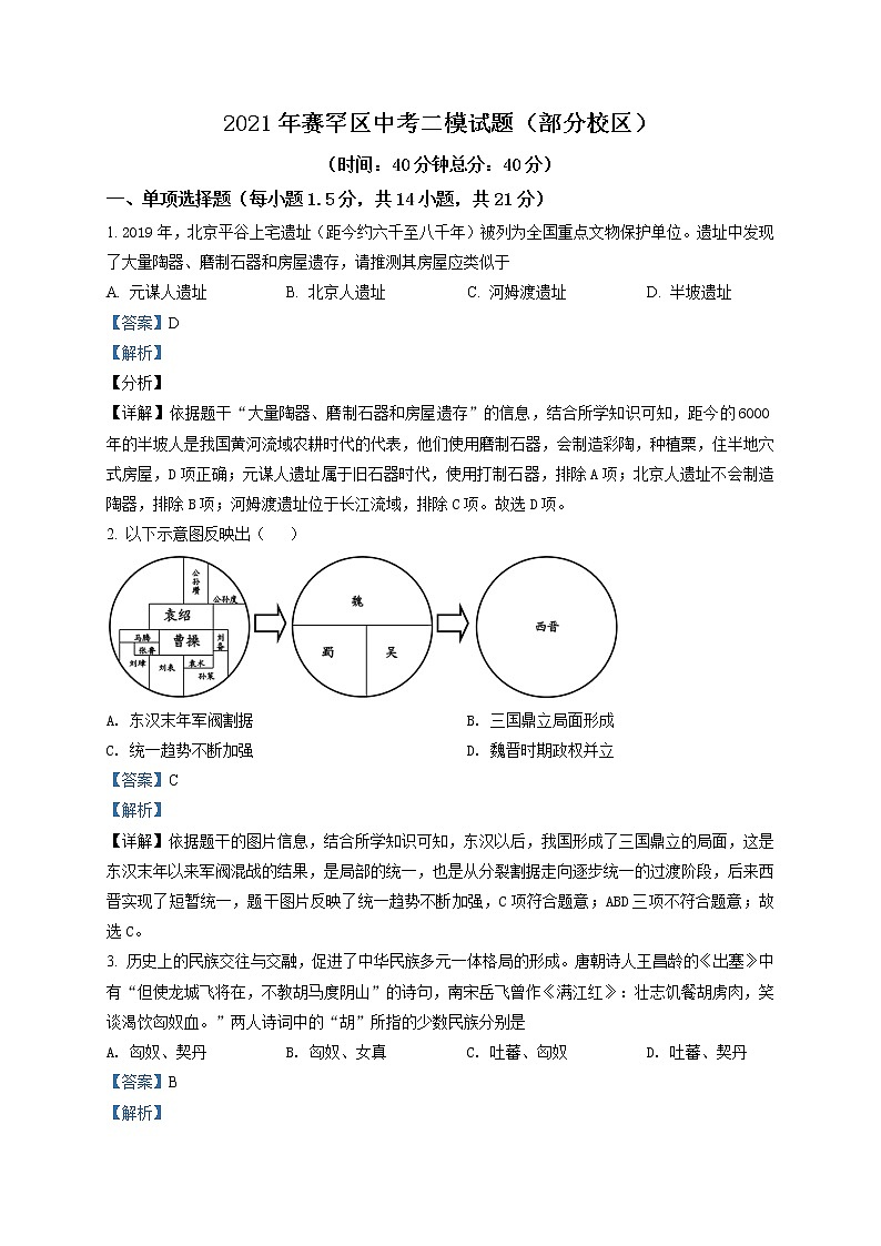 精品解析：2021年内蒙古自治区呼和浩特市赛罕区中考一模历史试题01