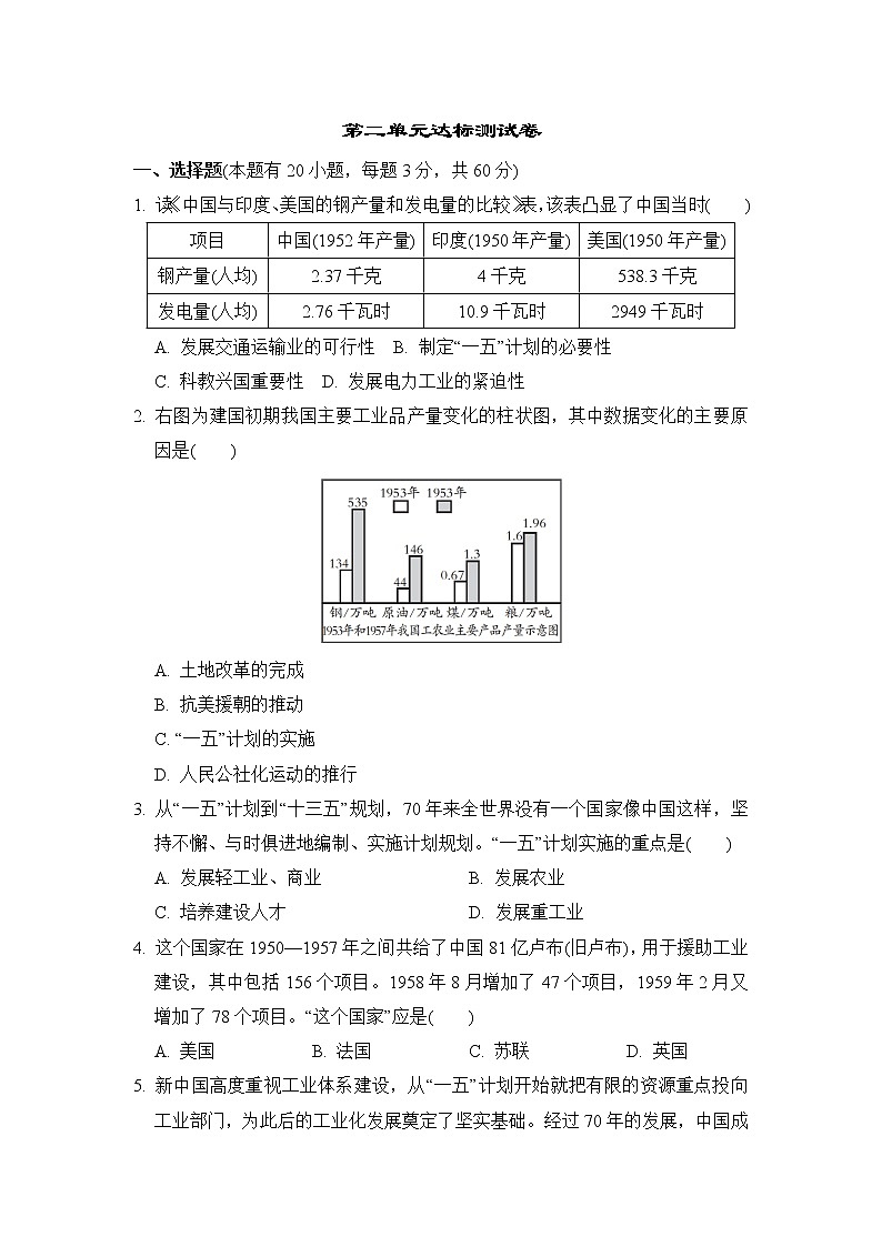 人教版八年级历史下册 第二单元达标测试卷01
