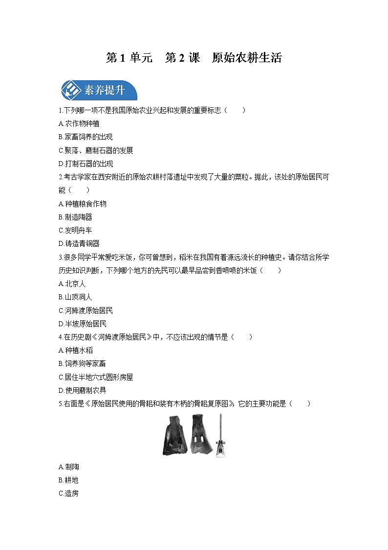 第1单元　第2课　原始农耕生活  课时练习 初中历史人教部编版七年级上册 （2021年）01