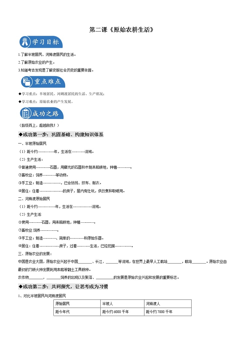 第2课原始农耕生活 导学案 初中历史人教部编版 七年级上册（2021年）01