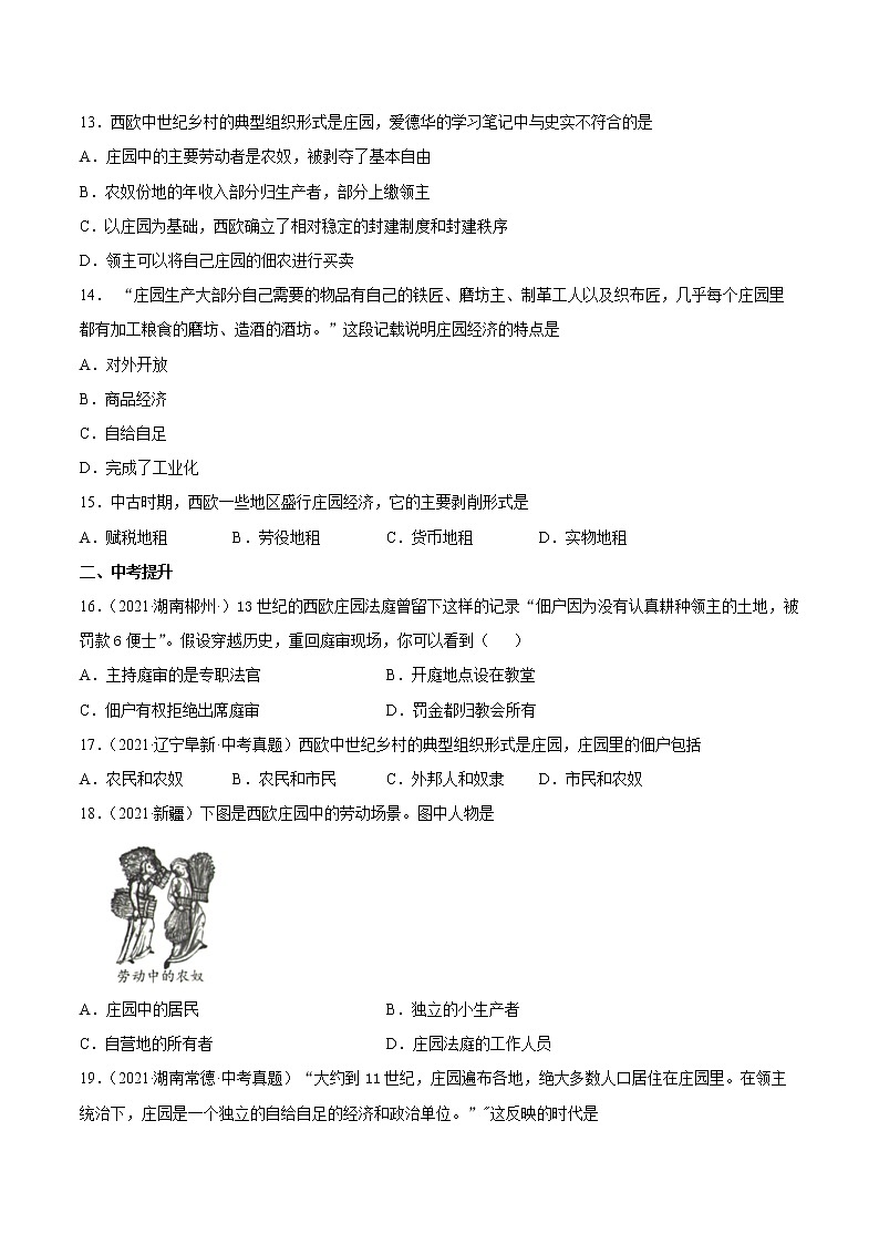 第8课 西欧庄园 课时作业 初中历史人教部编版九年级上册（2021年）第3页