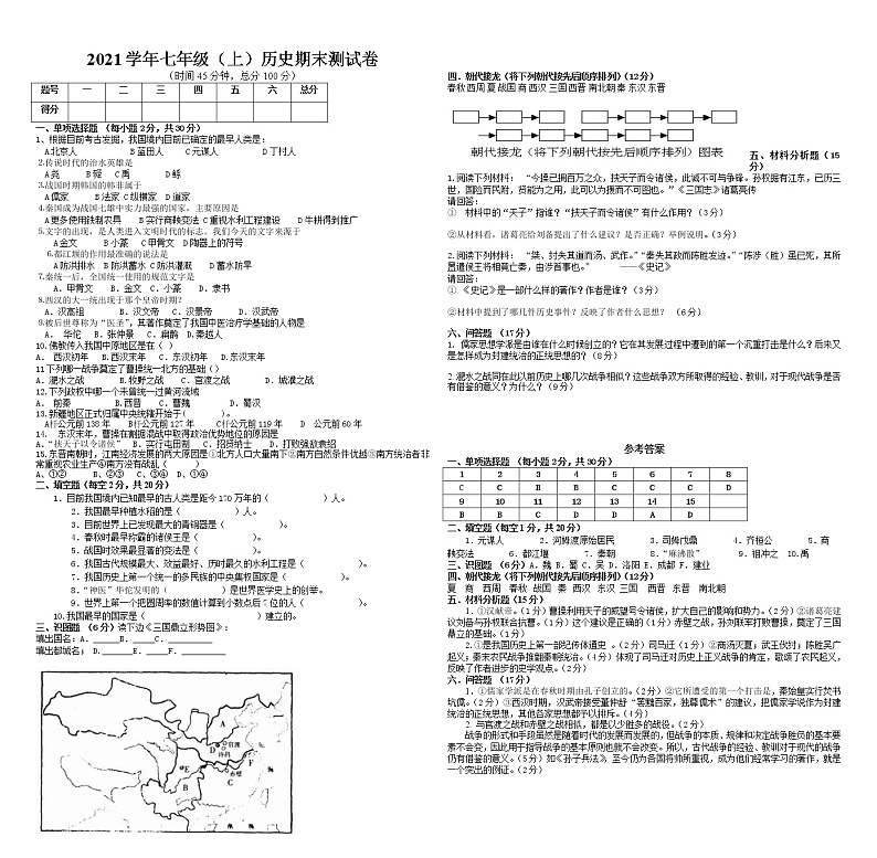 山东淄博市2021学年初一七年级上学期期末历史试卷第1页