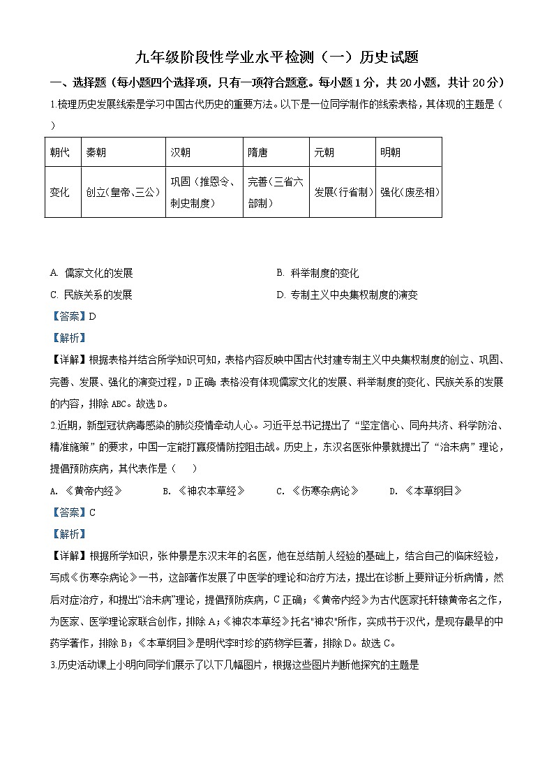 精品解析：2020年山东省菏泽市牡丹区中考一模历史试题（解析版）第1页