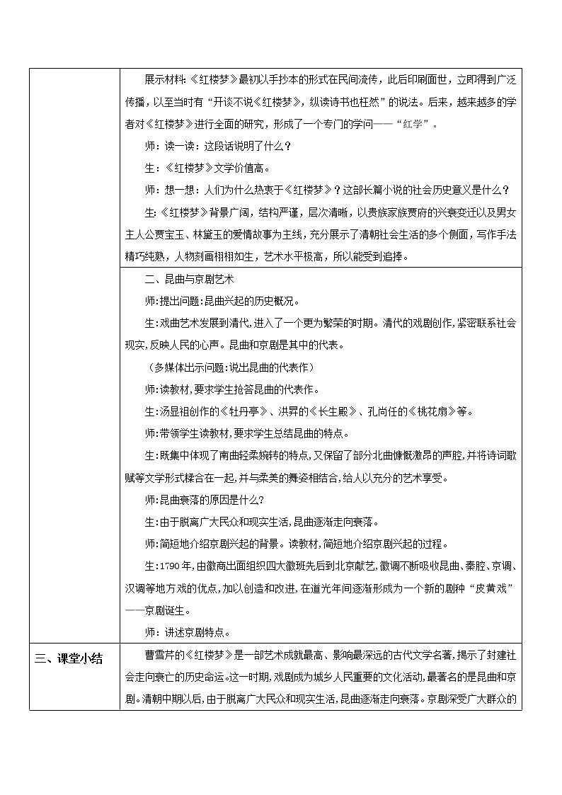 2021年部编版七年级下册《清朝前期的文学艺术》教学设计第2页