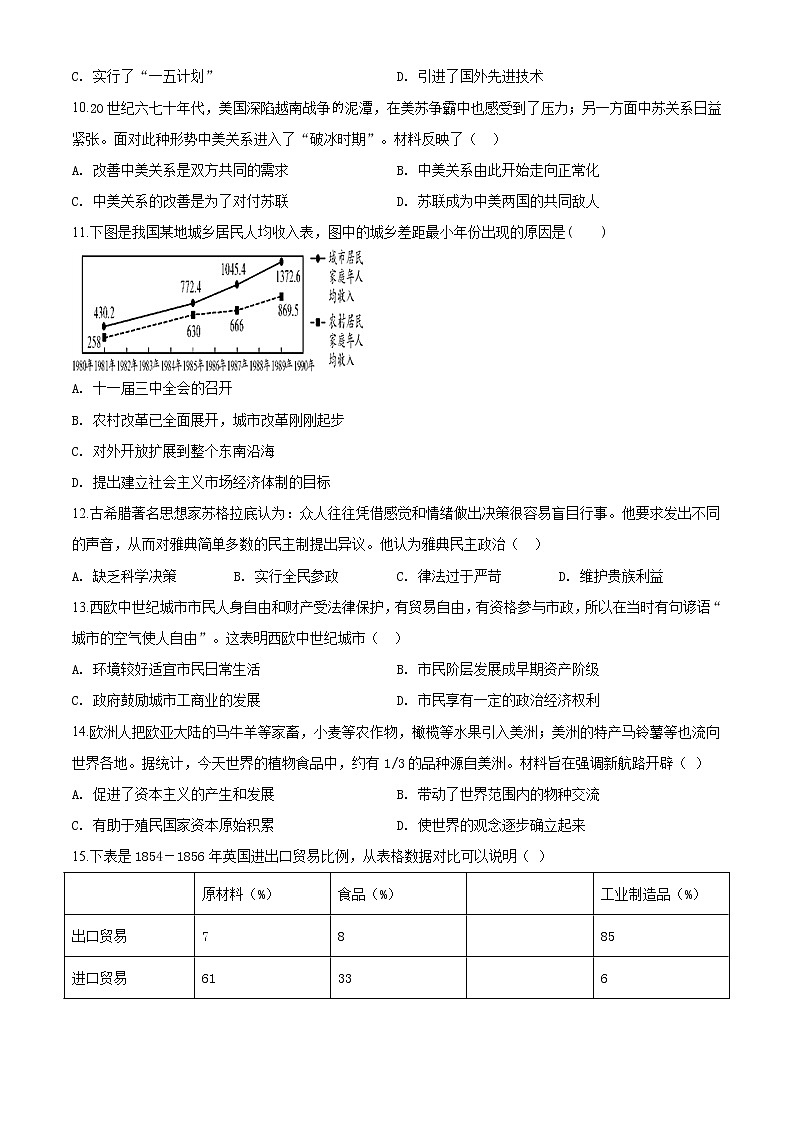 精品解析：2020年河南省邓州市中考一模历史试题（解析版+原卷版）03