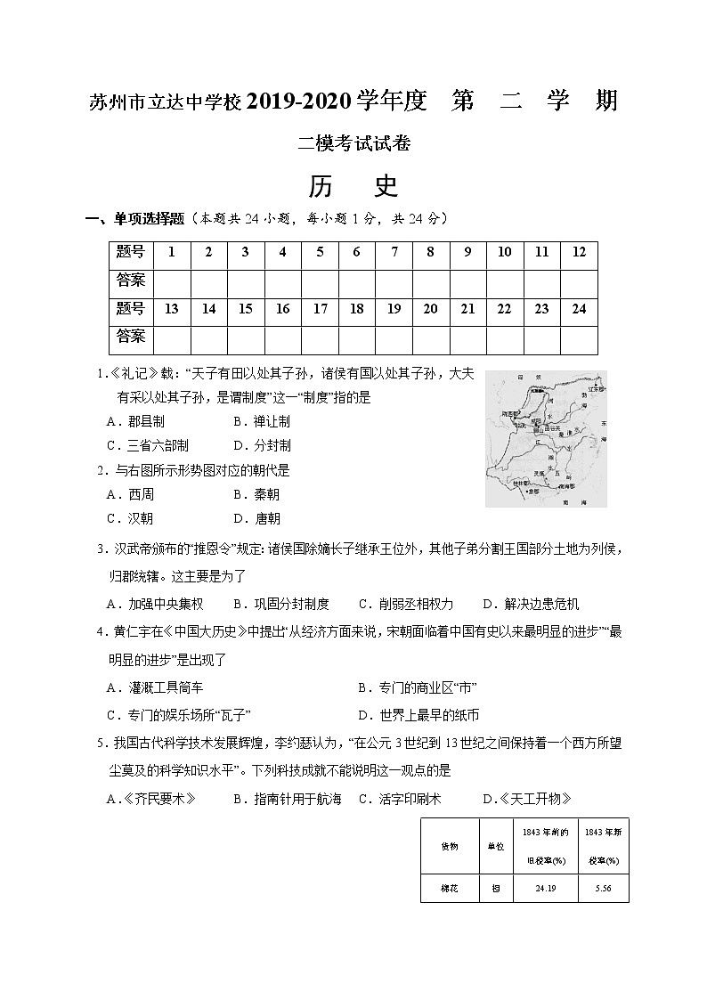 江苏省苏州市立达中学校2020年中考二模历史试题及答案第1页