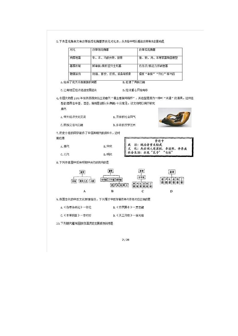 2020北京市房山区初三一模历史试卷及答案第2页