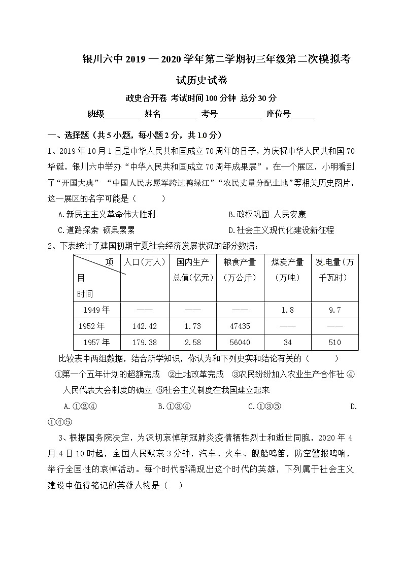 宁夏银川市第六中学2020届九年级第二次模拟考试历史试题及答案第1页