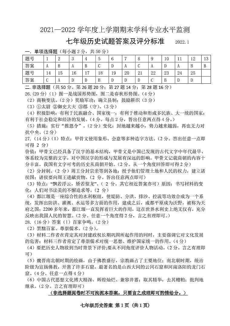 五莲2021—2022年上学期七年级历史 答案第1页