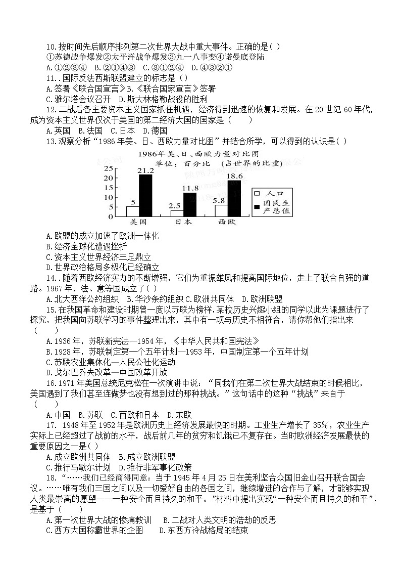 初中历史部编版九年级下册期末测试题（2022，附参考答案）02