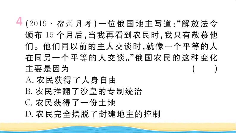 九年级历史下册第一单元殖民地人民的反抗与资本主义制度的扩展第2课俄国的改革作业课件新人教版05