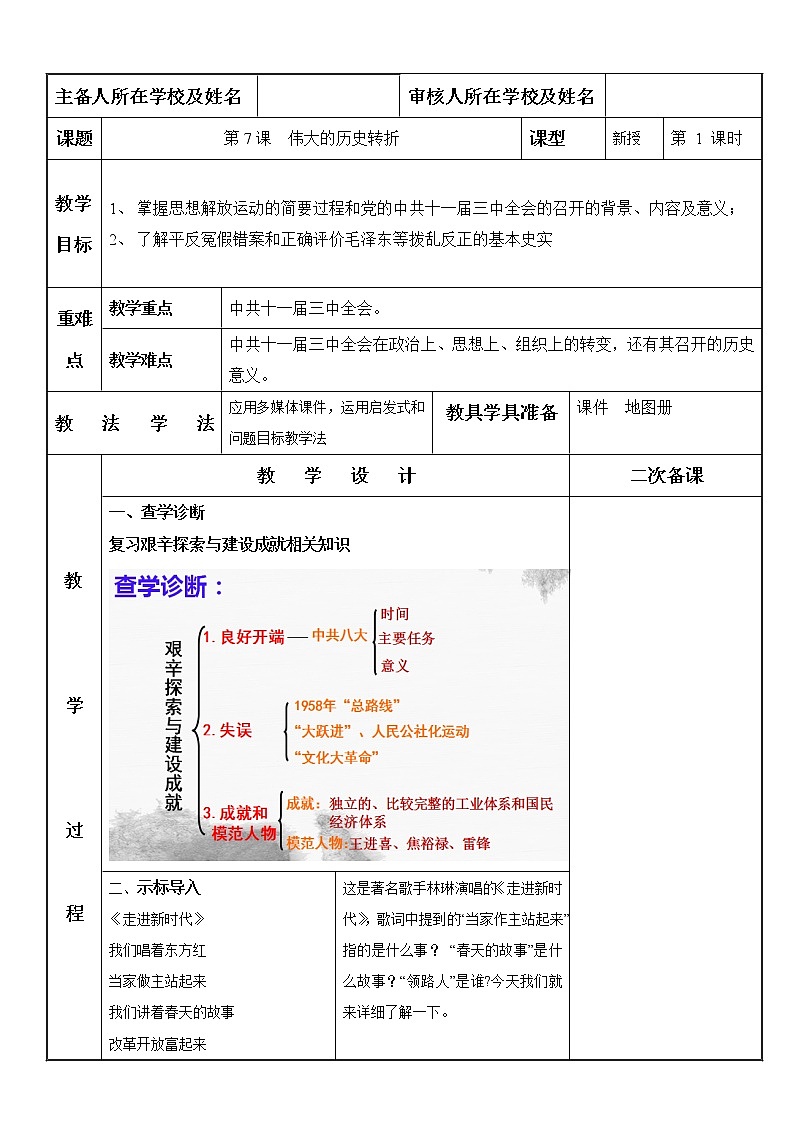 第7课 伟大的历史转折-【金牌教案】八下历史备课教案（部编版）01