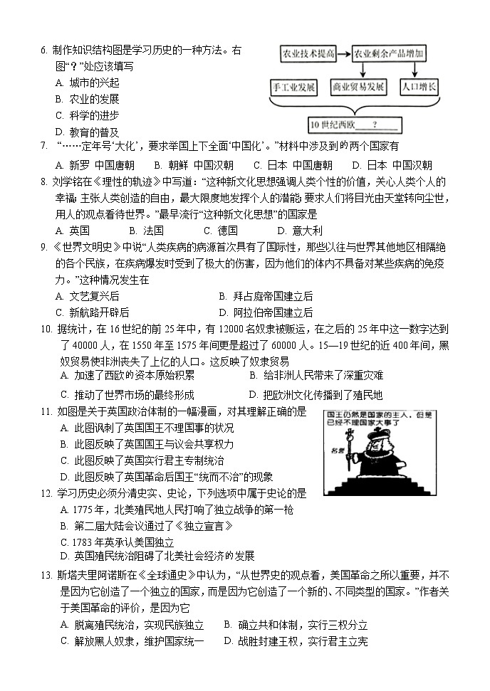 湖南省怀化市会同县2021-2022学年九年级上学期期末质量监测历史试题（word版 含答案）02
