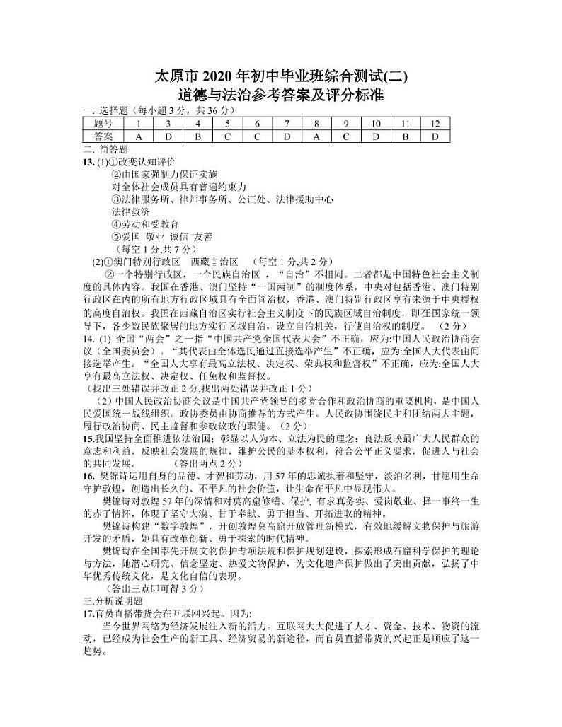 2020山西省太原市初三二模历史试卷及答案01