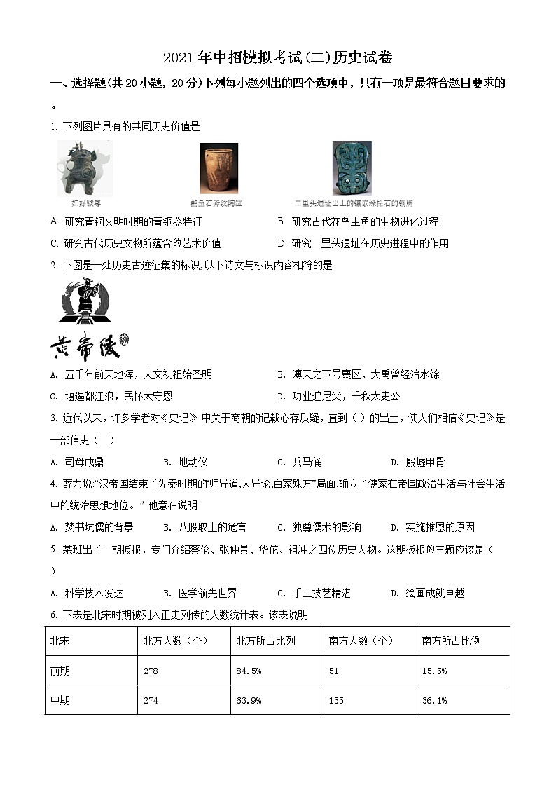 精品解析：2021年河南省南阳市方城县中考二模历史试题（原卷版）第1页