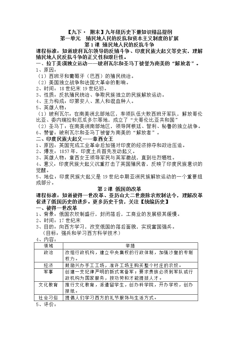 部编版九年级下册历史知识点提纲01