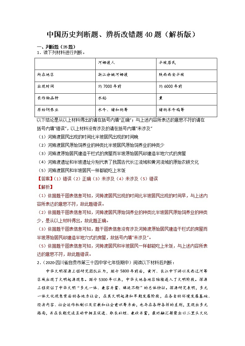 2022年历史专题复习－中国历史判断题、辨析改错题40题（解析版）第1页
