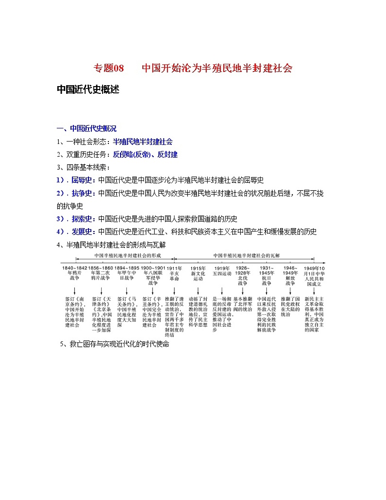 专题08  中国开始沦为半殖民地半封建社会-中考历史一轮复习 知识点精讲+练习01