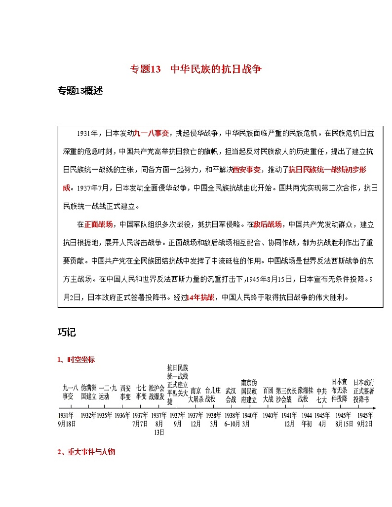 专题13  中华民族的抗日战争（解析版）第1页