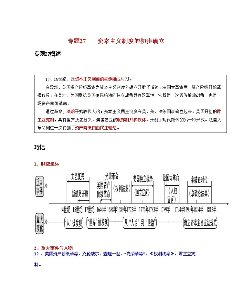专题27  资本主义制度的初步确立-中考历史一轮复习 知识点精讲+练习01