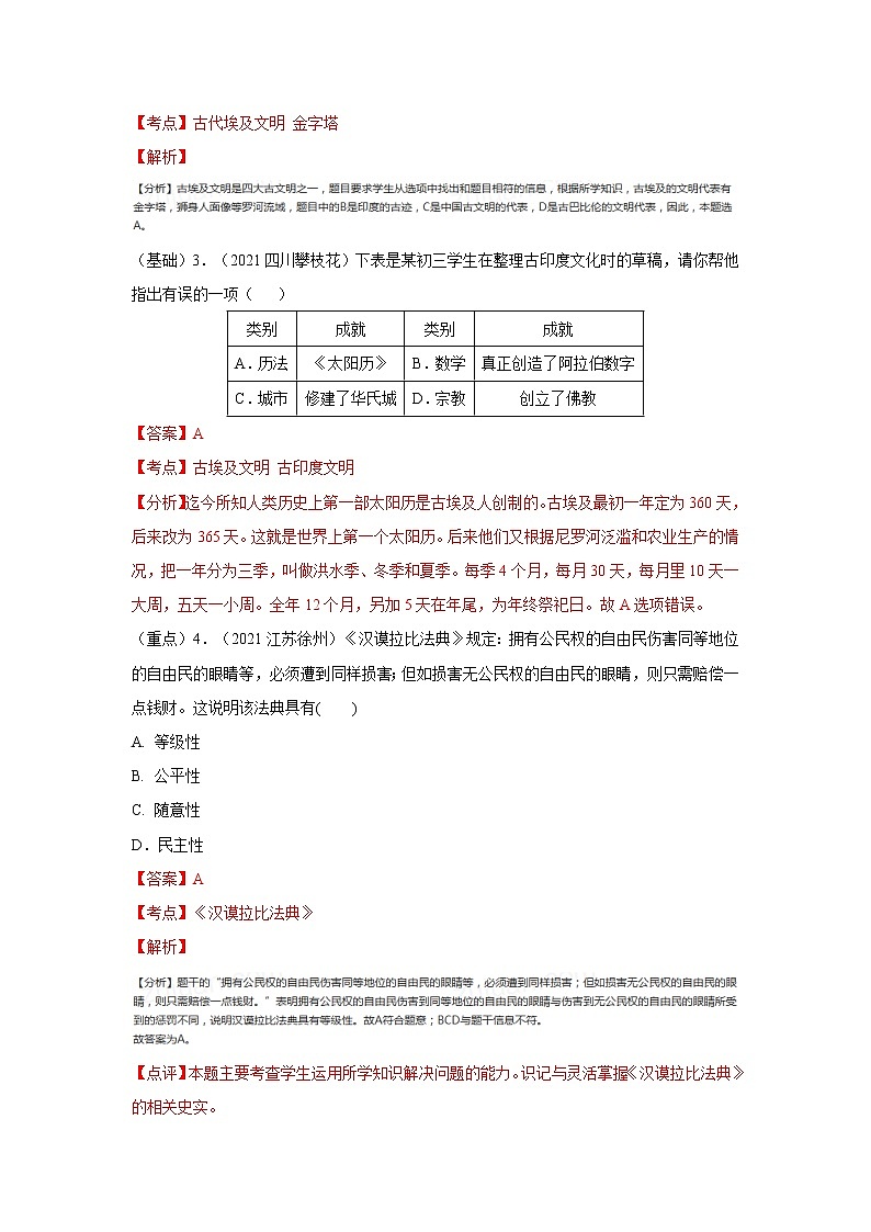 2022中考历史总复习考点必杀800题      专练04  世界古代史80题02