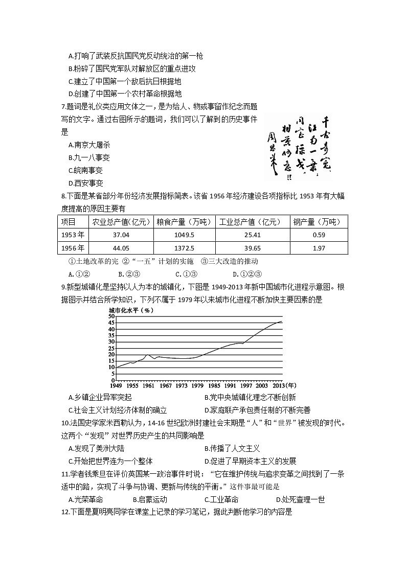 2022年安徽省颍上县中考历史模拟试题(word版含答案)02