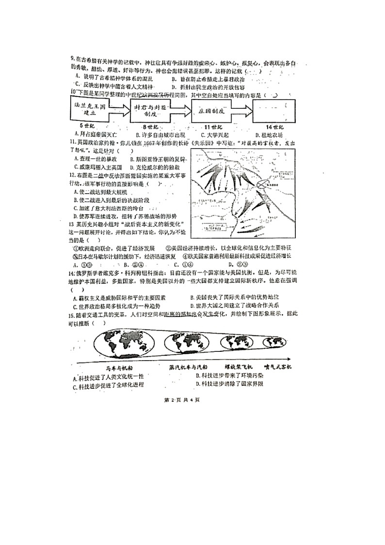 2022年安徽省初中学业水平考试模拟九年级历史试题（无答案）02