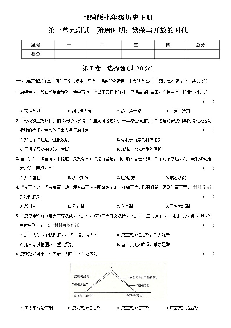 统编版七年级历史下册第一单元测试  隋唐时期：繁荣与开放的时代·第1页