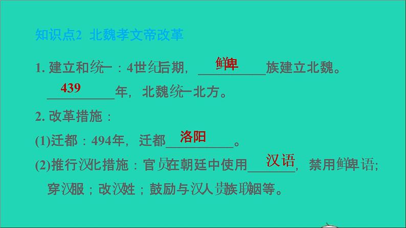 部编版七年级历史上册第四单元三国两晋南北朝时期：政权分立与民族交融第19课北魏政治和北方民族大交融习题课件03