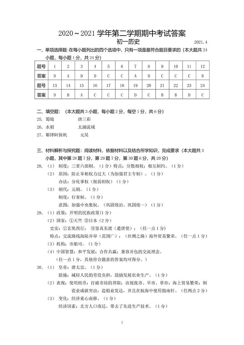 初一历史参考答案第1页