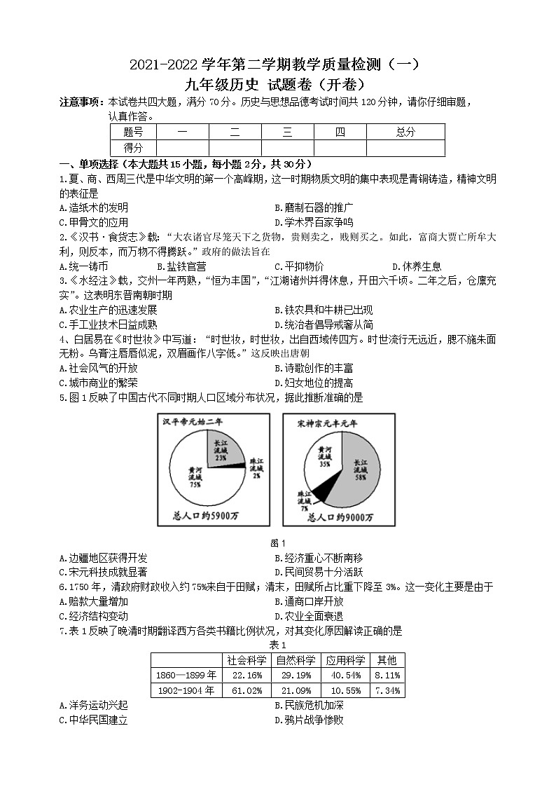 安徽省合肥市包河区2021-2022学年部编版九年级下学期教学质量检测历史试卷(word版含答案)01