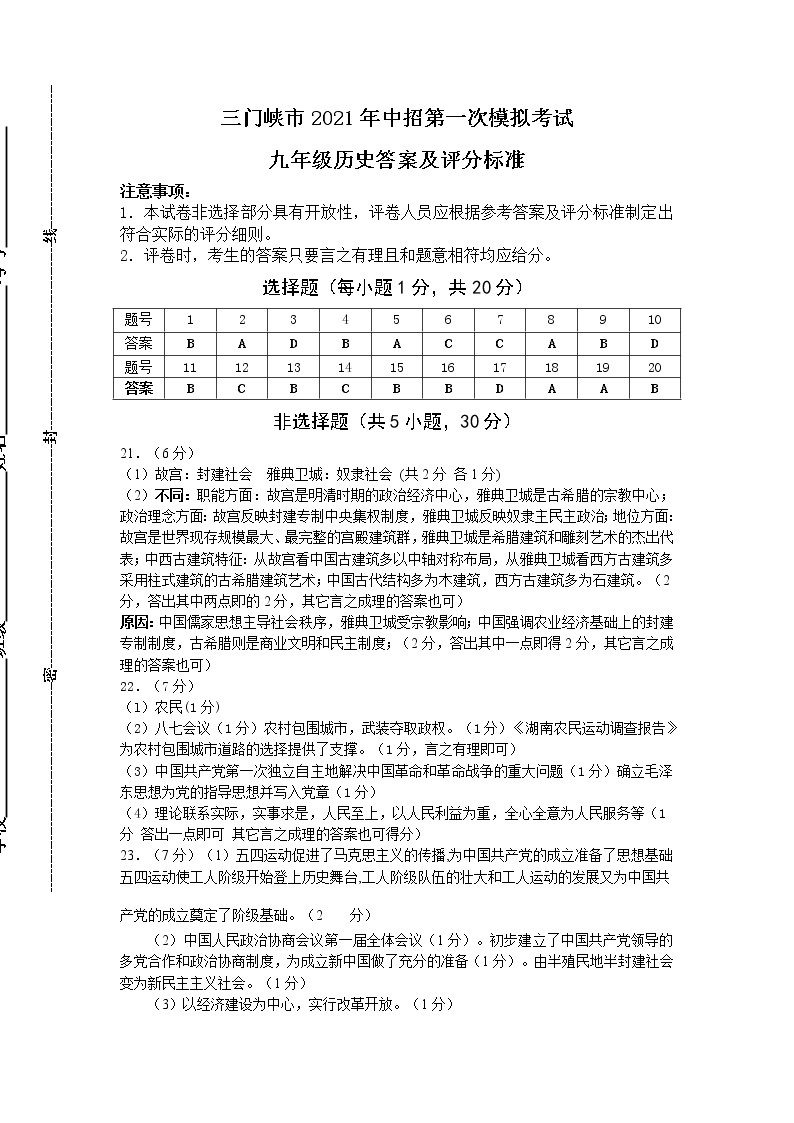 2021年河南省三门峡市中招第一次模拟考试历史试题（扫描版）01