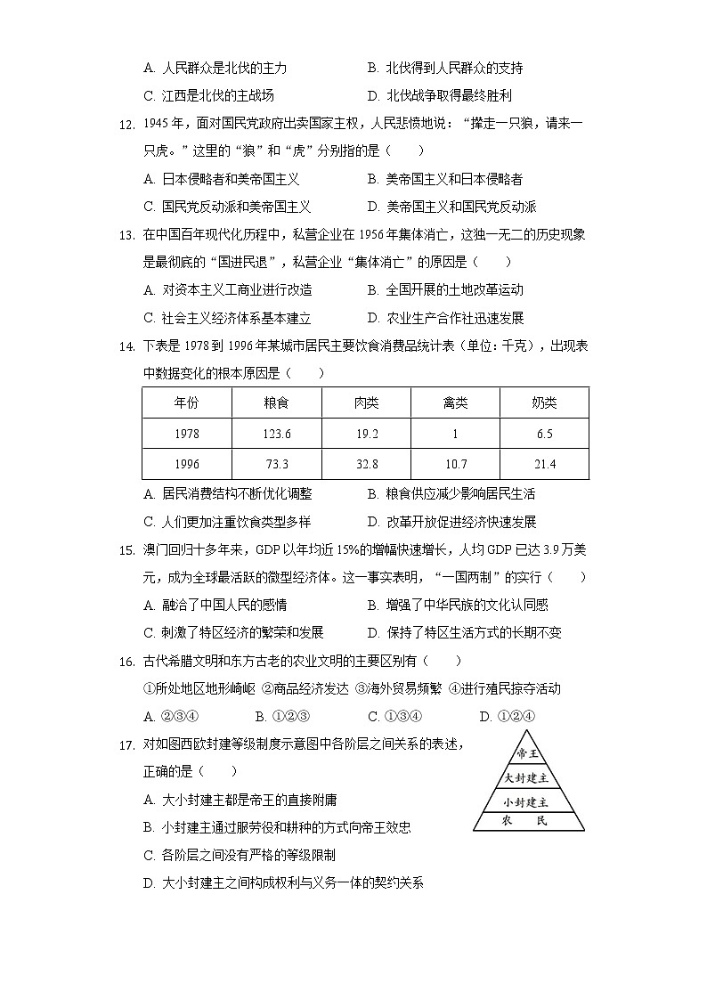 2022年广东省深圳市龙岗区金稻田学校中考历史摸底试卷（一）(word版含答案)第3页