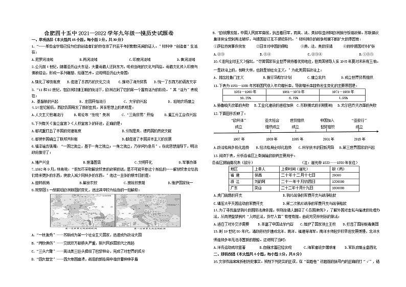 2022年安徽省合肥市第四十五中学中考一模历史试卷(word版含答案)01