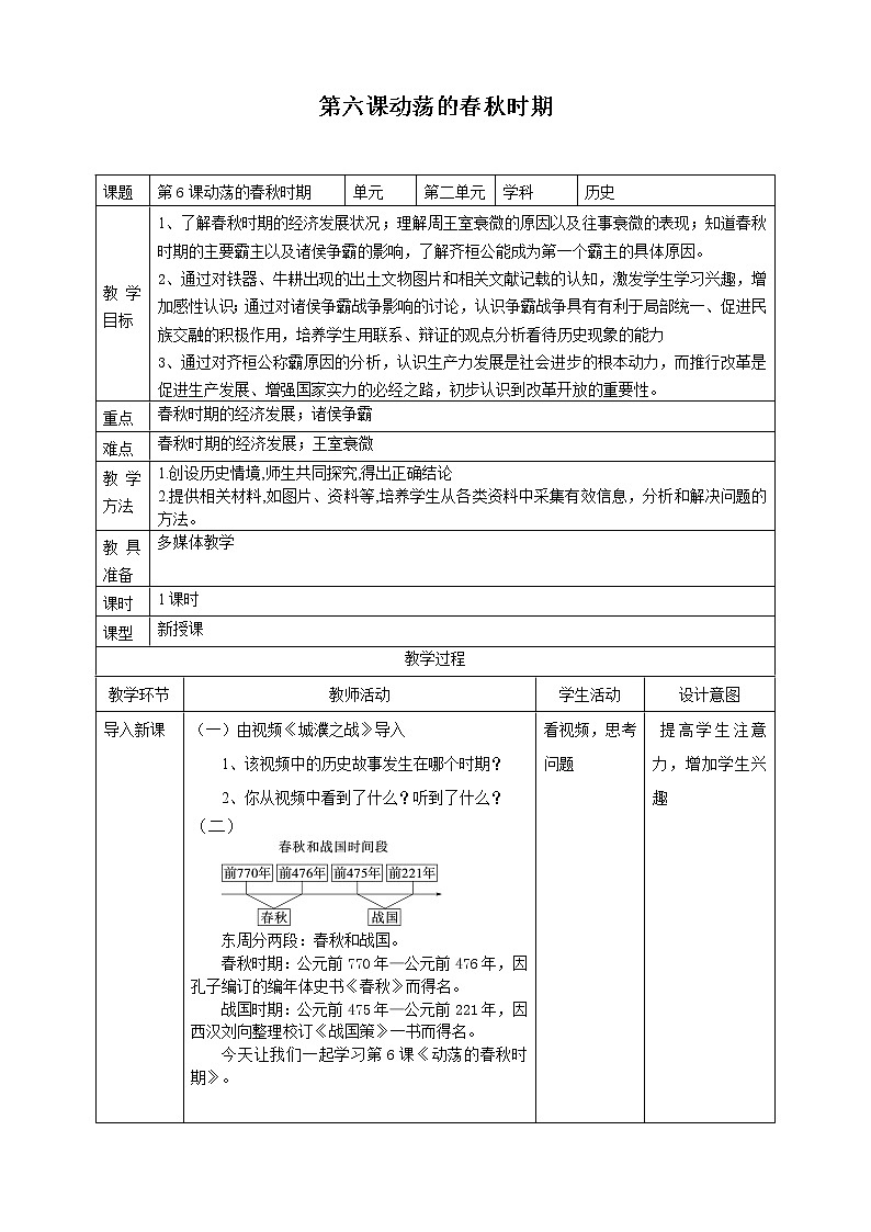 部编版（五四制）历史第一册 第6课 动荡的春秋时期(1) 教案第1页