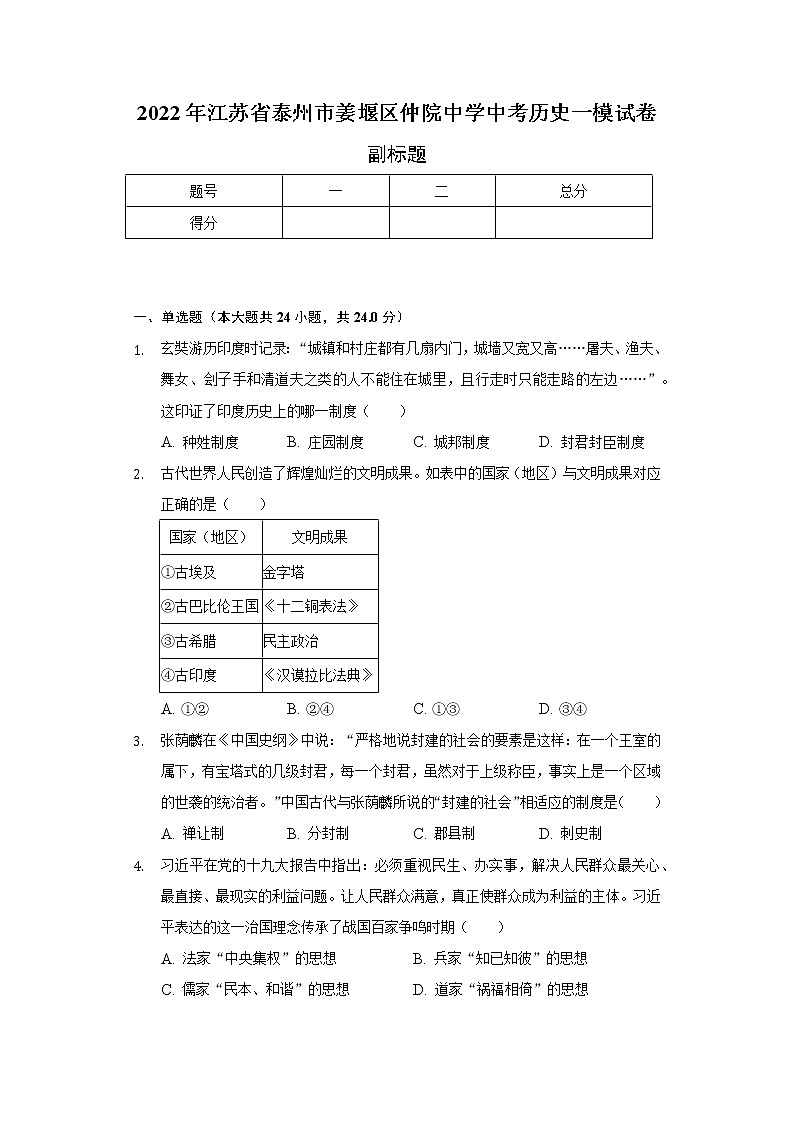 2022年江苏省泰州市姜堰区仲院中学中考历史一模试卷（含解析）01