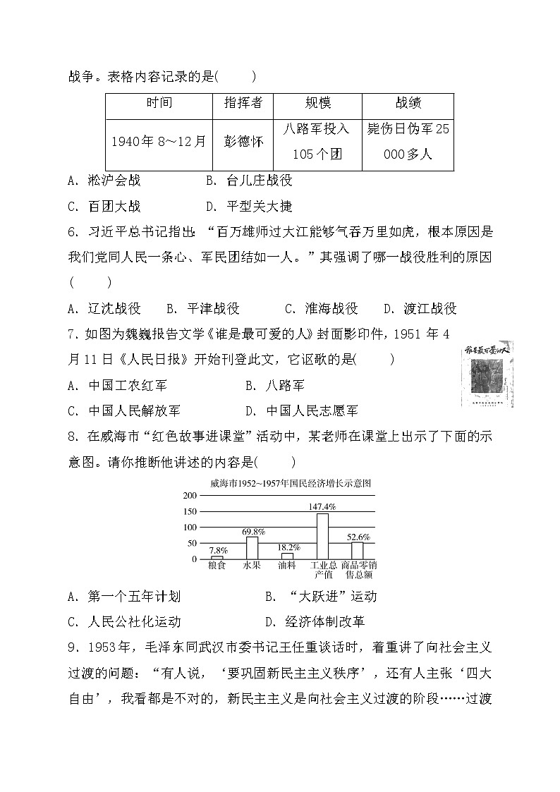 2022年山东省枣庄市历史中考专项训练专题二+中国共产党的辉煌历程02
