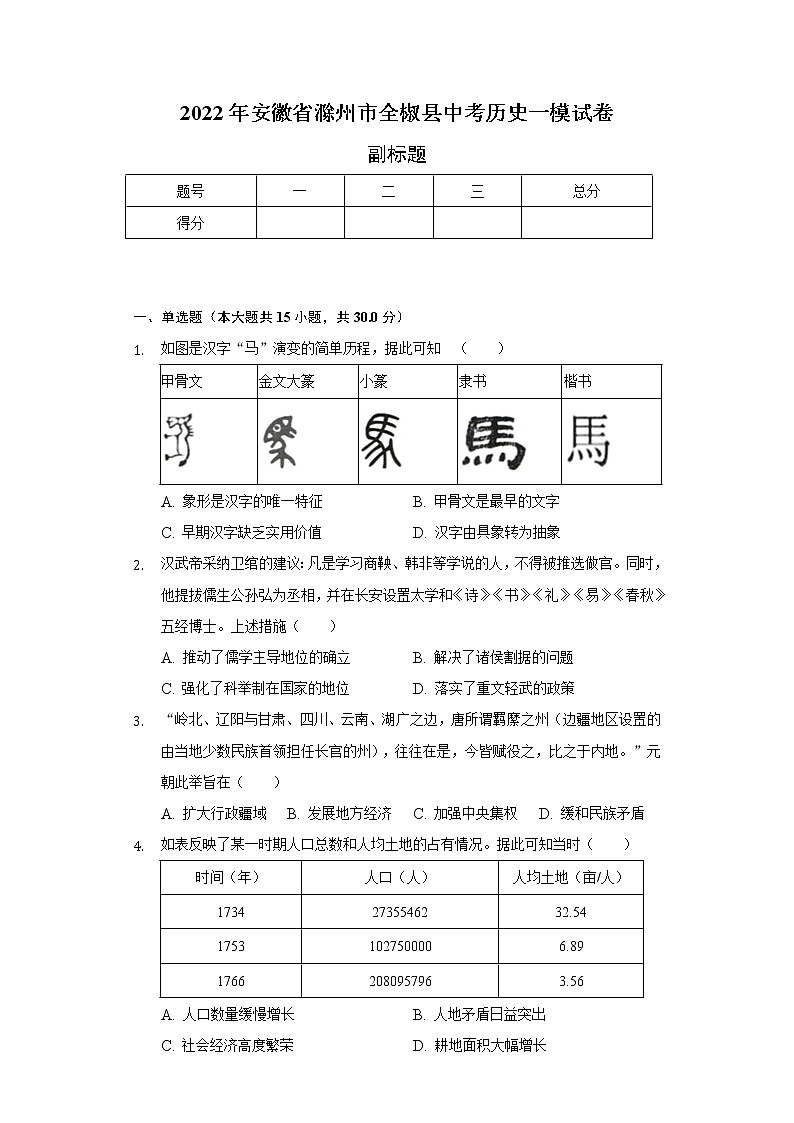 2022年安徽省滁州市全椒县中考历史一模试卷（含解析）01