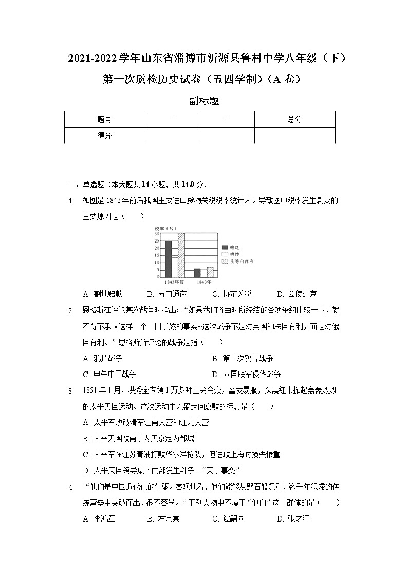山东省淄博市沂源县鲁村中学2021-2022学年八年级（下）第一次质检历史试卷（五四学制）（A卷）（含解析）01