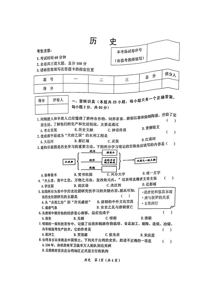 2022年黑龙江省齐齐哈尔市建华区九年级中考一模历史试题(含答案)01