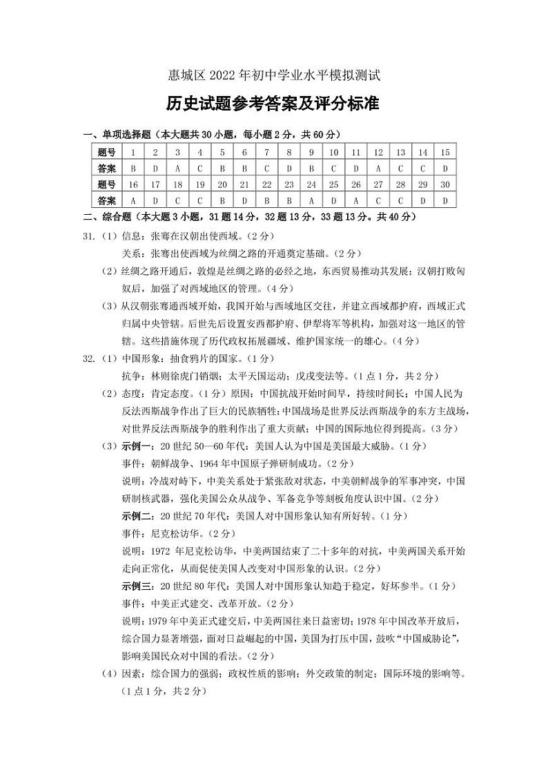 2022惠城区历史模拟测试参考答案第1页