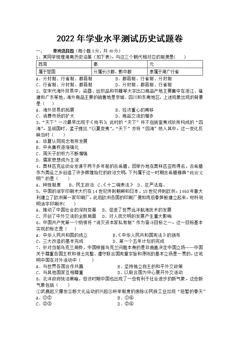 2022年湖南省湘潭县青山桥镇青山中学初中学业水平模拟历史试题(word版含答案)01