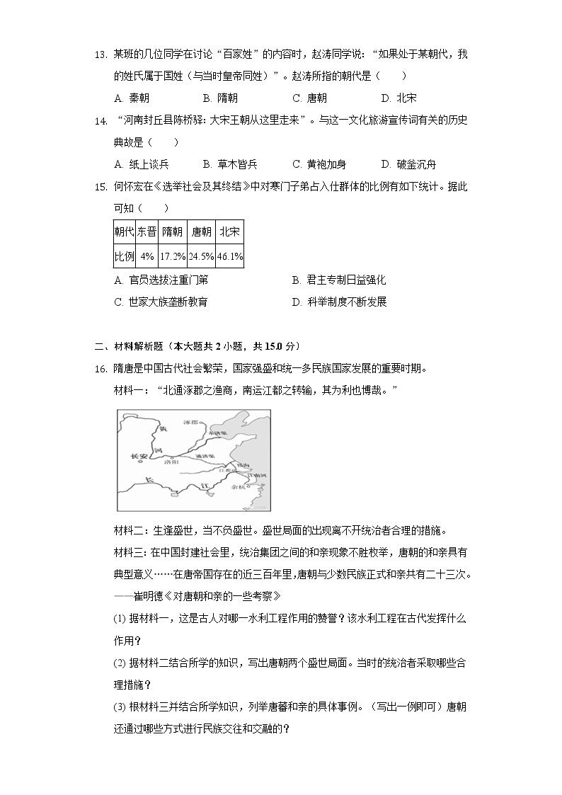 2021-2022学年江苏省盐城景山中学七年级（下）第一次月考历史试卷（含解析）03