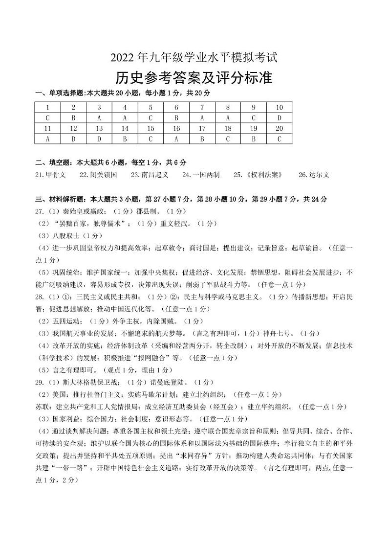 2022年江苏省无锡市梁溪区中考一模历史试卷01