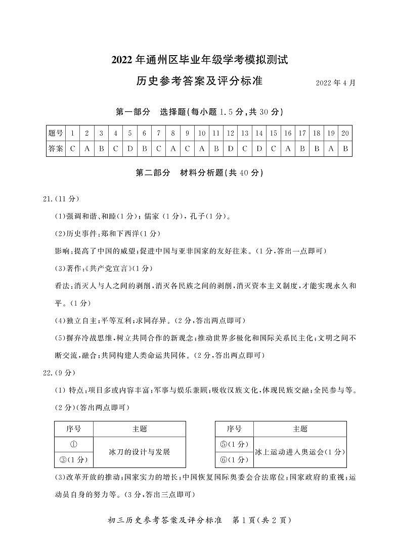 2022年北京市通州区中考历史一模试卷01