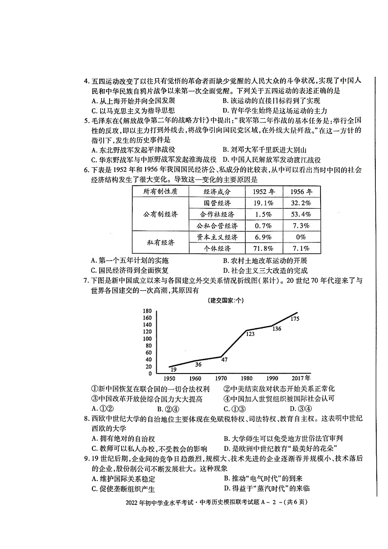 陕西省澄城县2021-2022学年下学期九年级中考模拟考试历史试题（二模）第2页